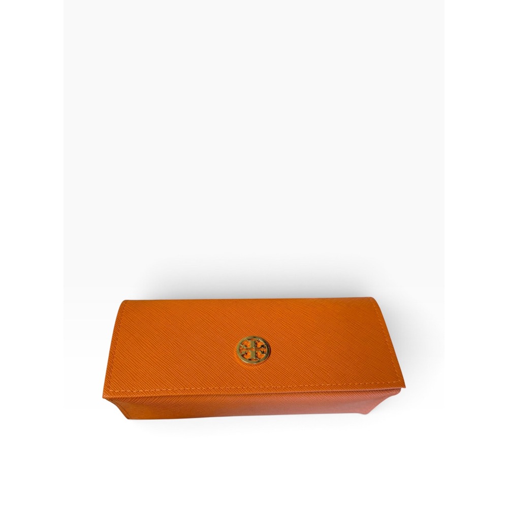 Tory Burch Orange Saffiano Leather Collapsible Glasses Case Gold Logo